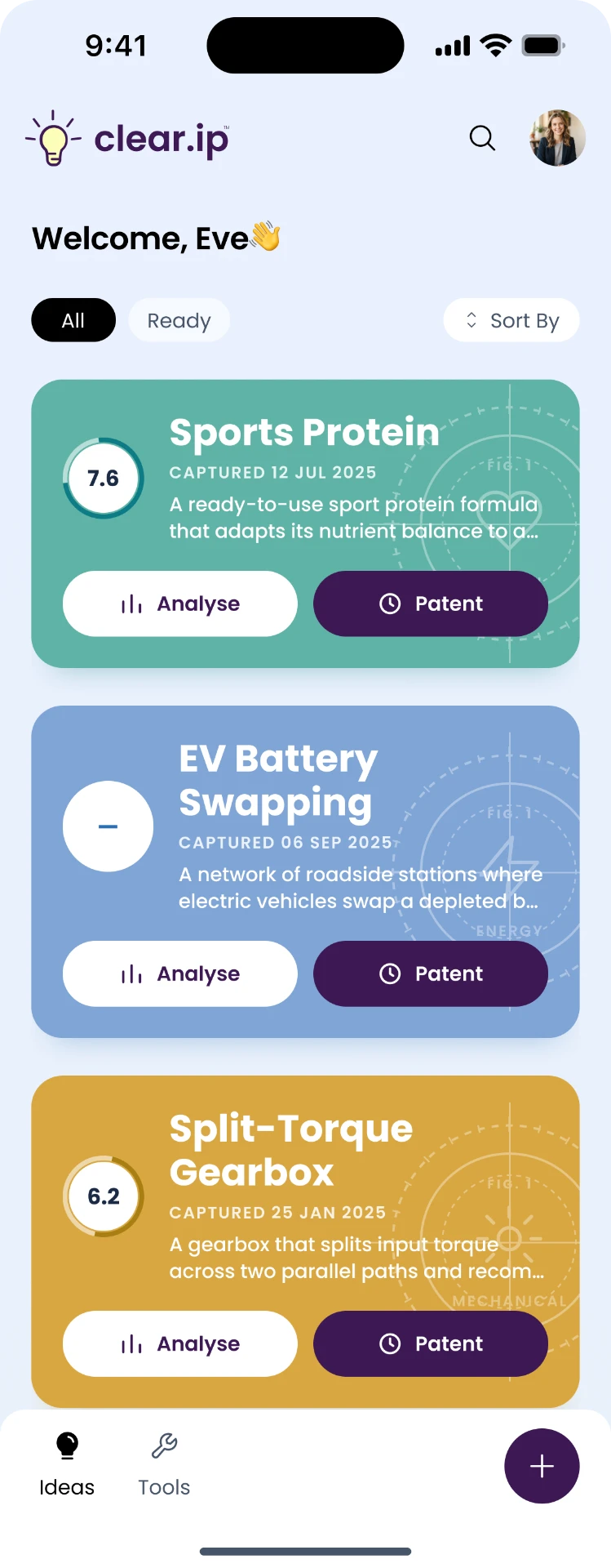 Clear IP app — your idea vault with three ideas