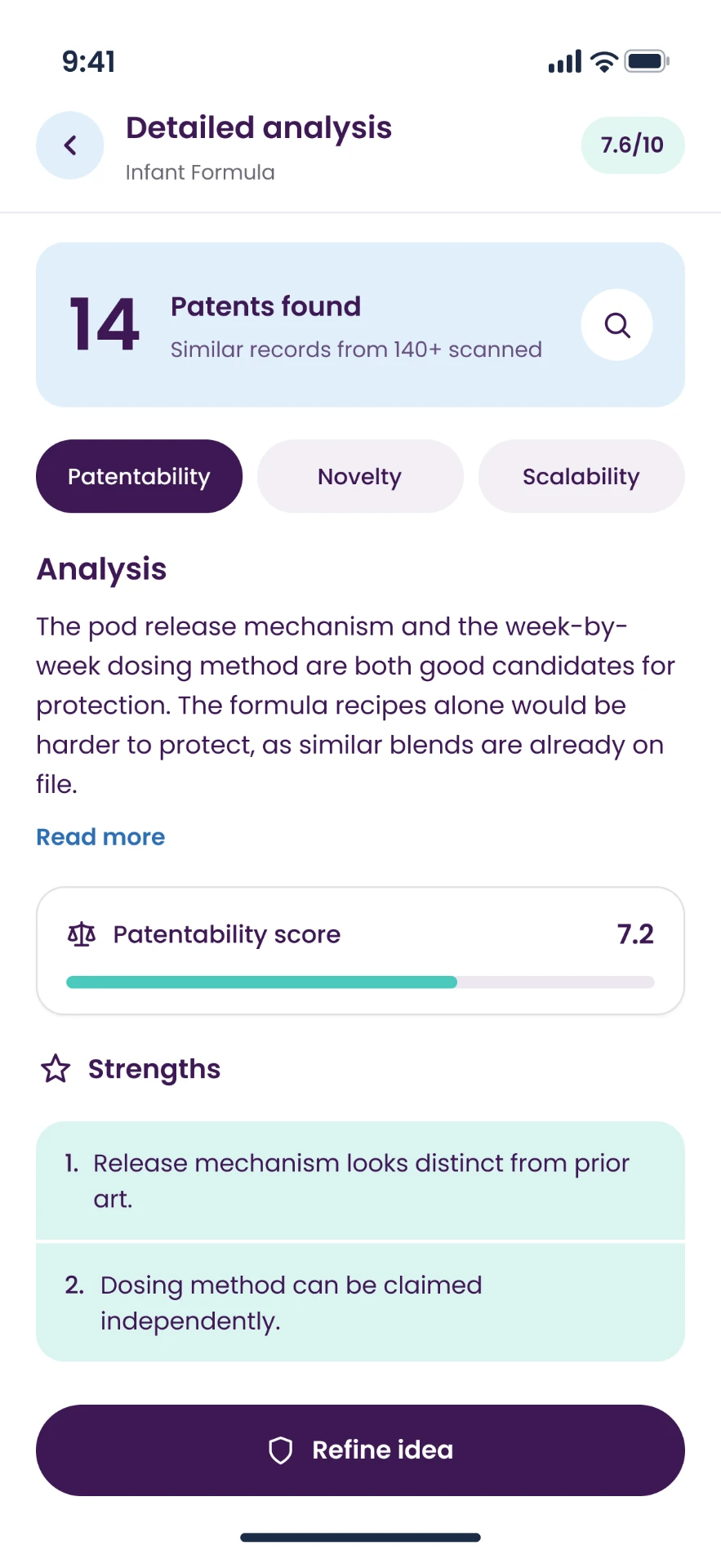 Clear IP app — detailed patentability analysis for Infant Formula