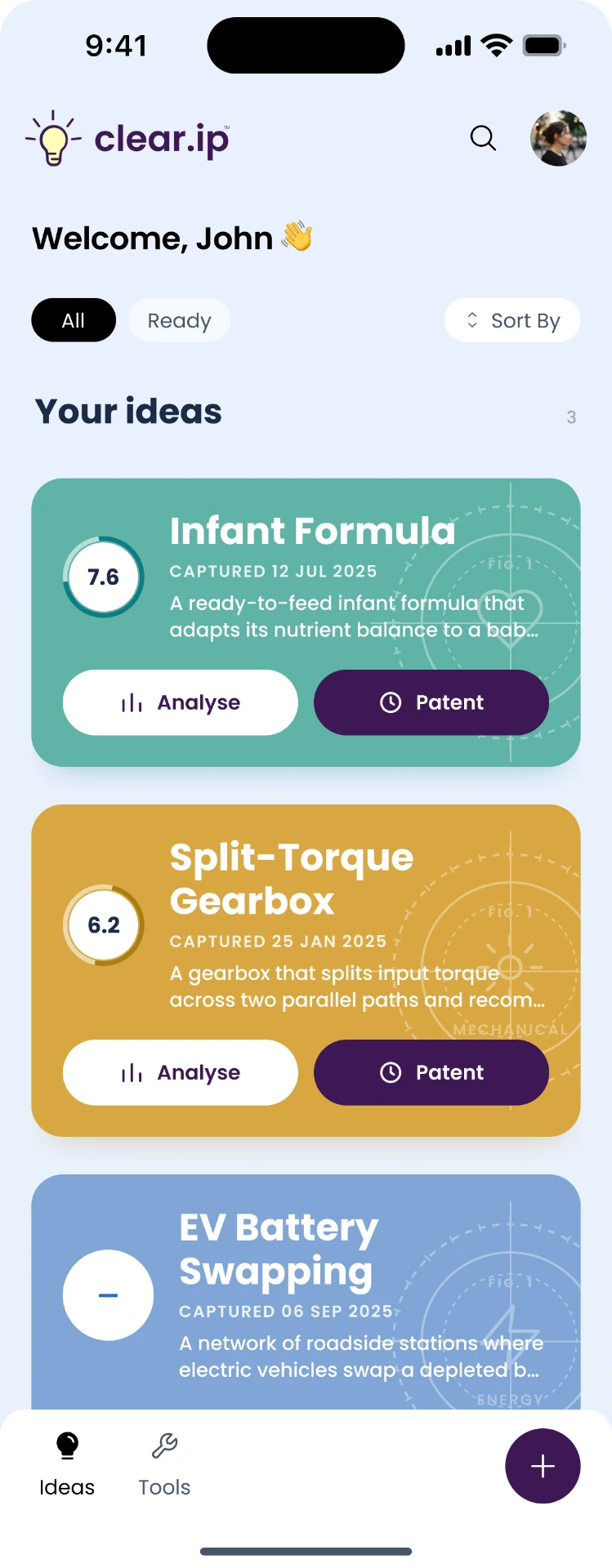 Clear IP app — your idea vault with three ideas