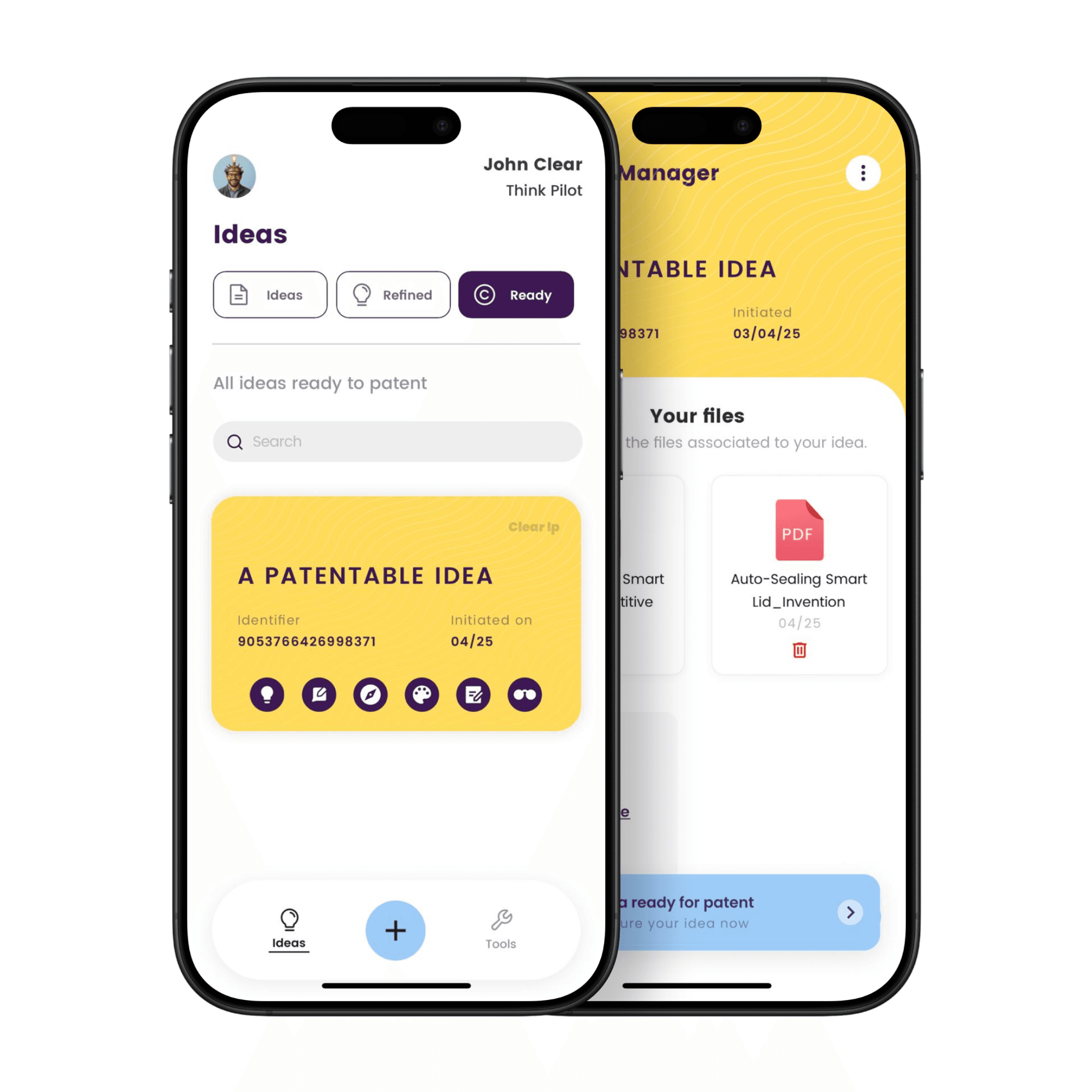 Two smartphones displaying a mobile app interface for managing patentable ideas and associated files.